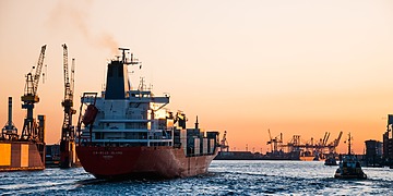 Stunning sunset view of cargo ships and cranes at the Port of Hamburg, epitomizing global trade and logistics.