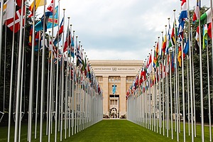 Two rows of country flags leading up to the United Nations building