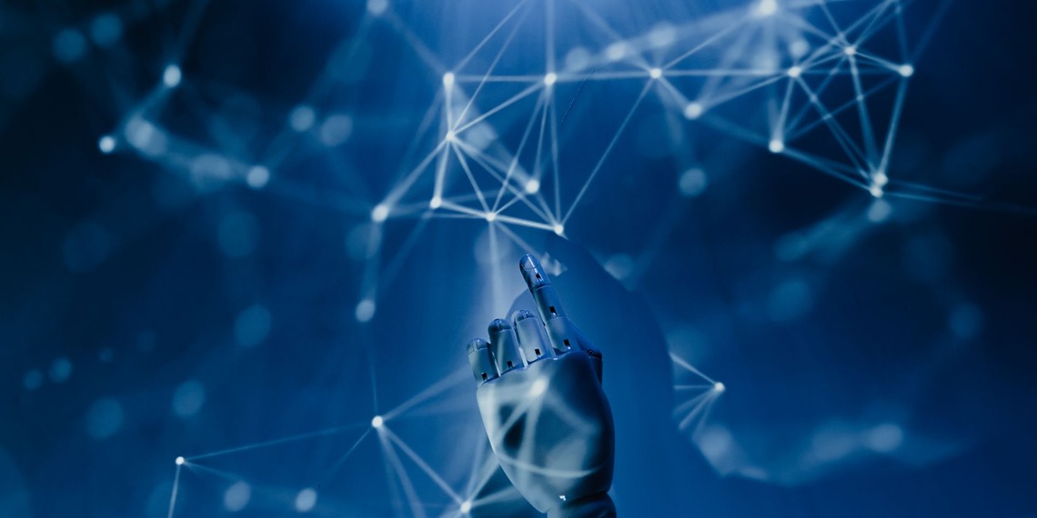 A robotic hand reaching into a digital network on a blue background.