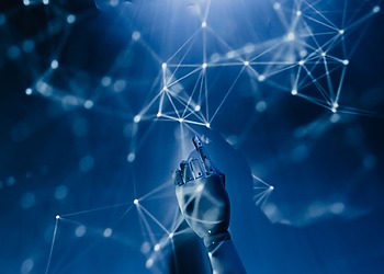 A robotic hand reaching into a digital network on a blue background.