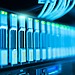 Detailed image of a server rack with glowing lights in a modern data center.