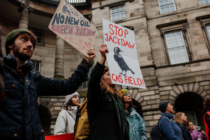 Greenpeace UK activists hold a rally outside Scottish Court of Session in Edinburgh as Greenpeace's judicial review into Rosebank and Jackdaw begins.