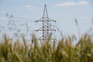 A power transmission tower in a wheat field.