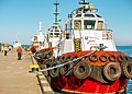 Red and white tugboats docked in a harbor.