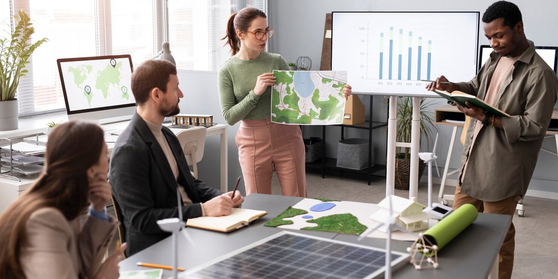 Business team reviewing data beside a solar panel and small wind turbine model