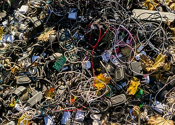 Tangled electronic waste, including cables and chargers.