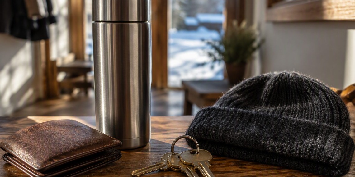 Wallet, house keys, thermos and winter hat on a wooden table