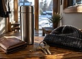 Wallet, house keys, thermos and winter hat on a wooden table