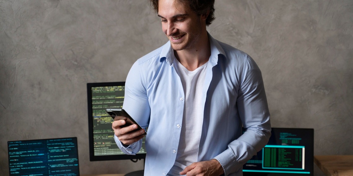Software developer holding a smartphone in front of multiple coding screens