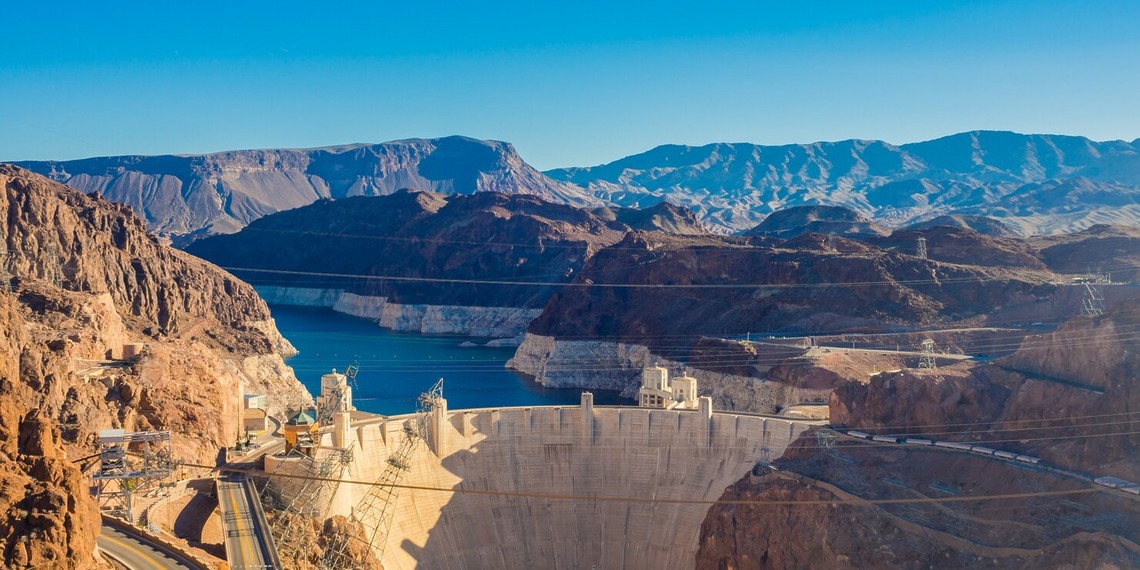 Hoover Dam spanning the Colorado River in a desert canyon