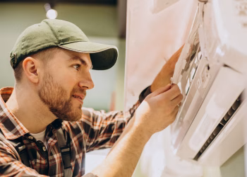 HVAC technician servicing a residential air-conditioning system