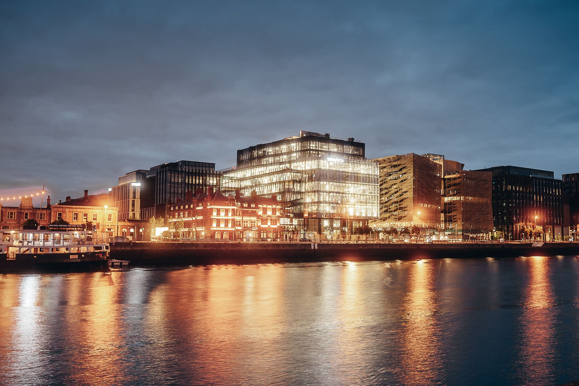 A riverbank shot of an office cluster in Dublin.