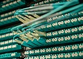 Close-up of fiber optic connections in a data center.