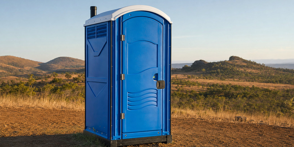 Blue portable toilet standing in a dry rural landscape