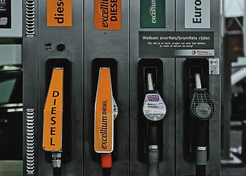A view of various fuel pumps at a Petrol station.