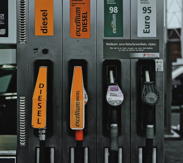 A view of various fuel pumps at a Petrol station.