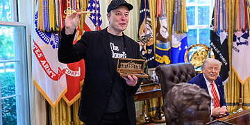 President Donald Trump participates in a press conference with departing DOGE adviser Elon Musk