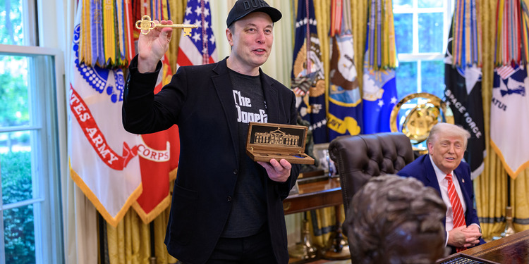 President Donald Trump participates in a press conference with departing DOGE adviser Elon Musk