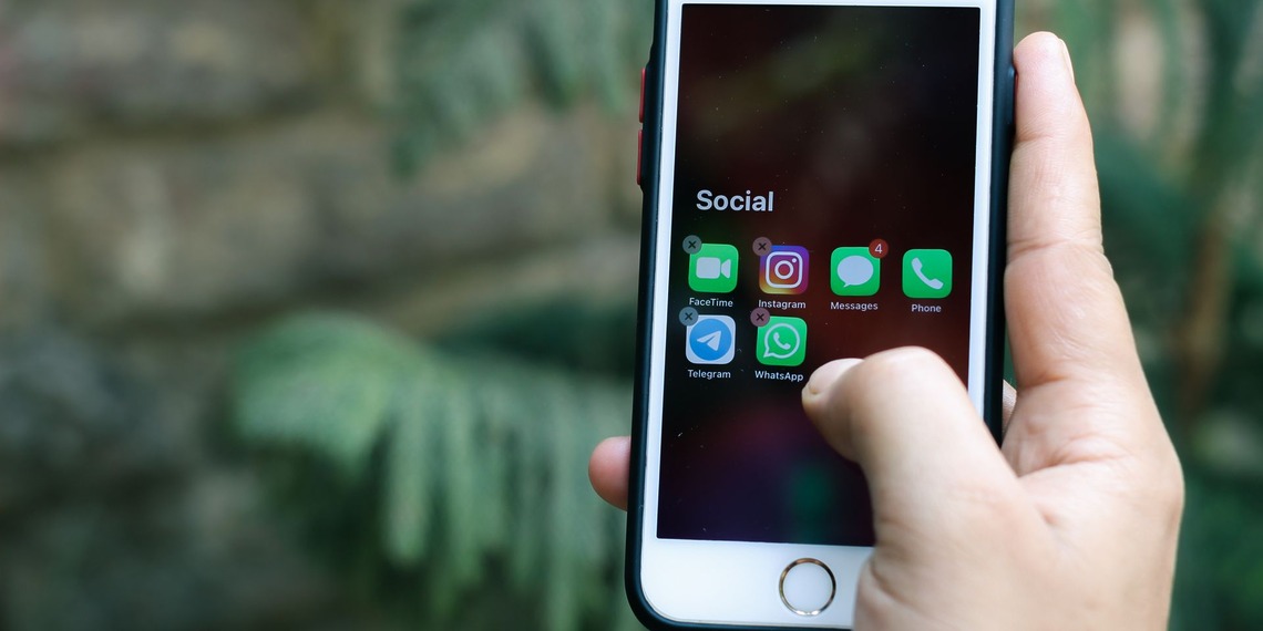 A hand holds a smartphone that displays a folder of social apps, with green leaves blurred behind it.