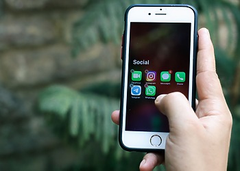 A hand holds a smartphone that displays a folder of social apps, with green leaves blurred behind it.