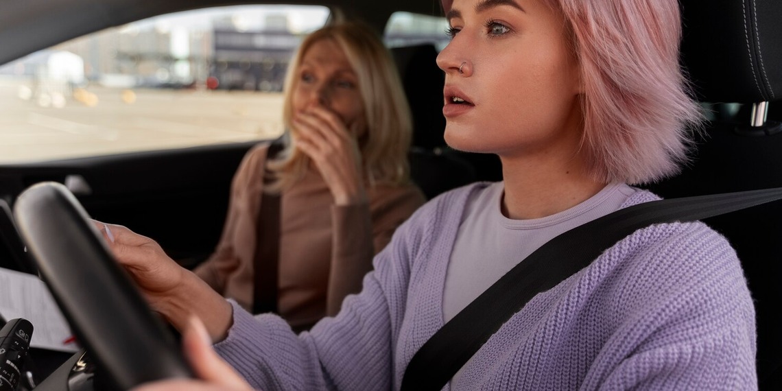 Concerned driver and passenger reacting inside a moving vehicle