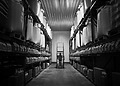 Rows of pressurized industrial refrigerant cylinders stored in a warehouse setting, representing the global chemical supply chain.