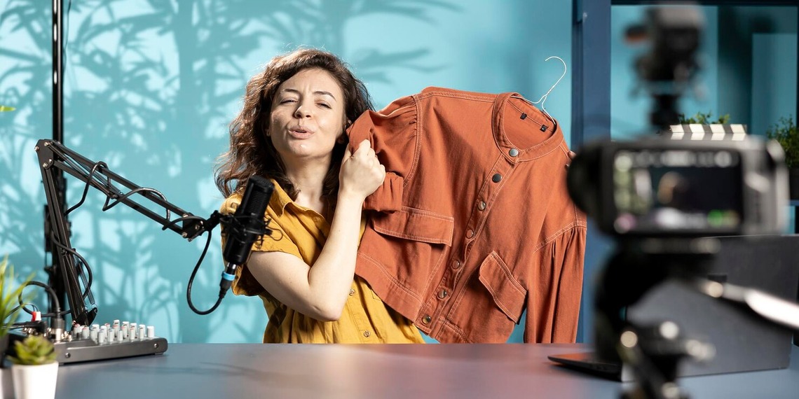 Podcast creator recording content beside branded clothing merchandise