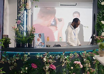 Branded trade show booth with coordinated displays and graphics